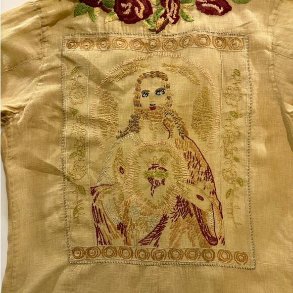 Magnolia Pearl Embroidered Linen Kimono Jesus Back Floral Duster Boho Whimsy - Picture 10 of 14